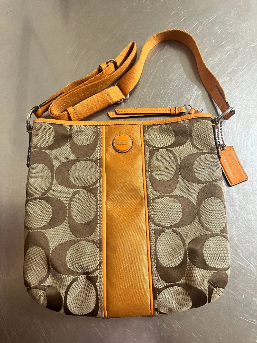 COACH Signature Tan Jaquardwith Orange Stripe Crossbody Bag